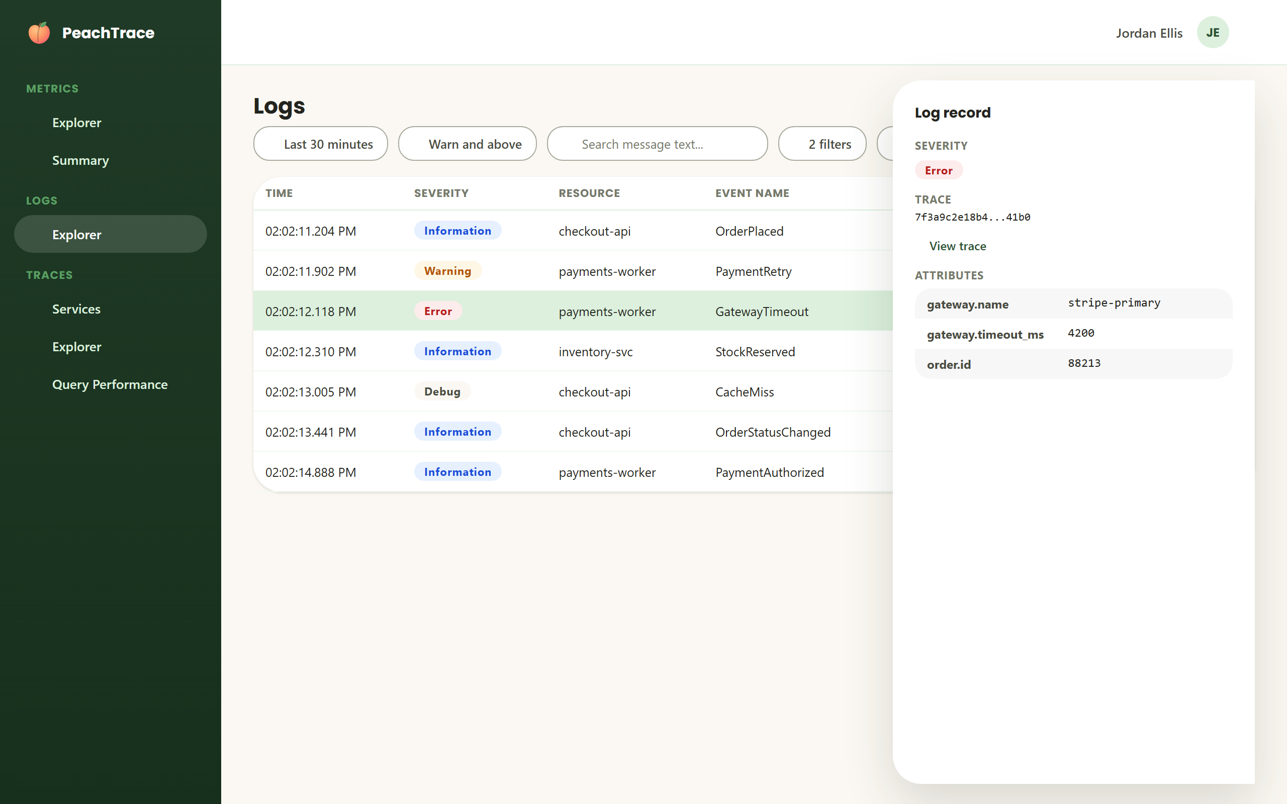 PeachTrace Logs Explorer showing severity-colored log rows with a trace correlation link